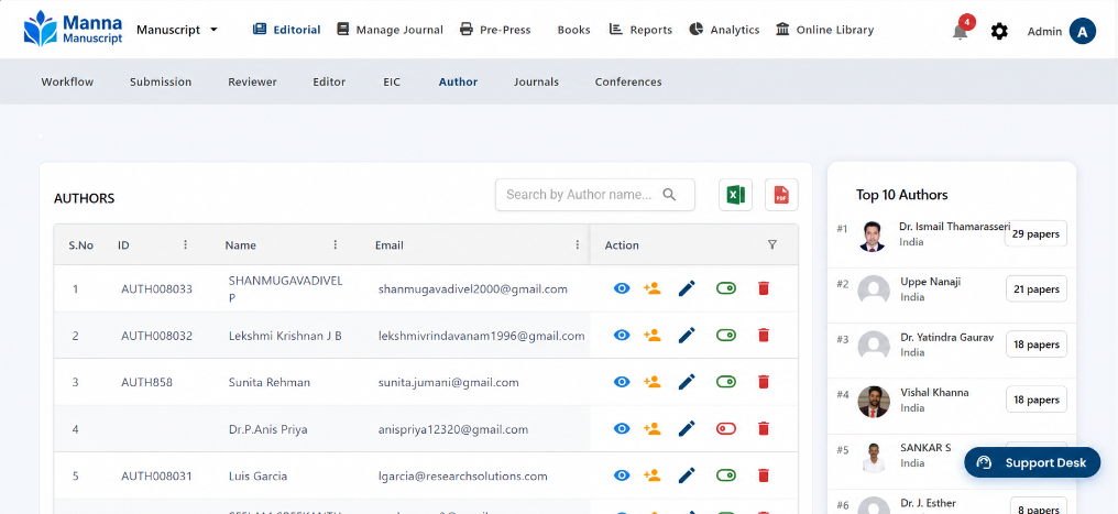 Manna Manuscript Author Management & Scholar Leaderboard Interface